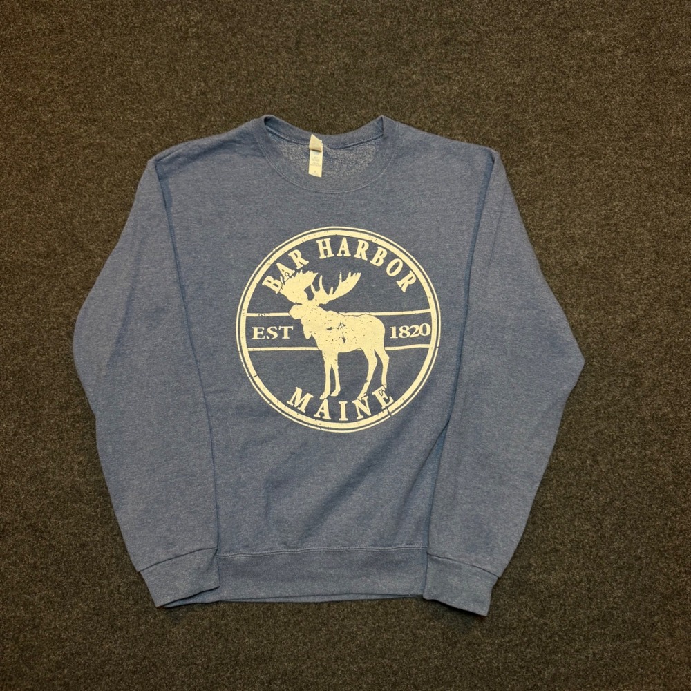 Jerzees Bar Harbor Maine Moose Graphic Sweatshirt Blue Small NuBlend Pullover